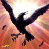 Three-legged crow Sanzuwu flying in the clouds