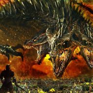 Illustration of Azhdaya breathing fire and smoke from its three heads