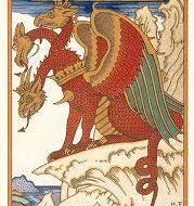 Detailed drawing of Azhdaya's three heads, each with a unique expression and personality