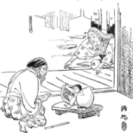 Image of Japanese child hero Momotaro emerging from a large, ripe peach