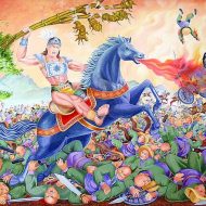 Illustration of Thanh Giong holding a bamboo stick