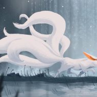 A modern illustration of a Kumiho in a forest at night