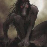 Close-up of a Tikbalang's fierce face and glowing red eyes