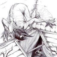 Drawing of Chindi ghost hovering in front of a haunted house