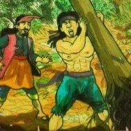 Badang showcasing his superhuman strength by uprooting a tree