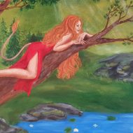 Huldra sitting by a tree in the forest