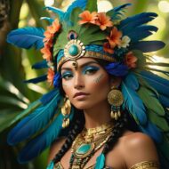 Mayan Goddess Ix Chel dressed in blue symbolic feathers