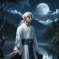 Japanese Moon God Tsukuyomi standing in a moonlit Japanese landscape