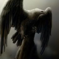 A fierce depiction of Ngani Vatu, with sharp talons and wings spread wide