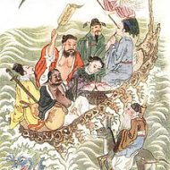Traditional painting of the Chinese immortal Lan Caihe with other immortals