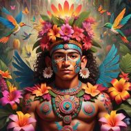 Xochipilli, the Aztec Flower Prince, depicted as a radiant young deity surrounded by an explosion of colorful tropical flowers