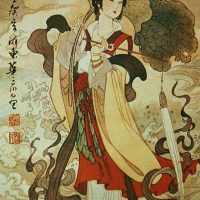 Ancient drawing of the only female Chinese Immortal He Xiangu