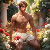 The Greek mortal Adonis sitting in a garden surrounded by flowers