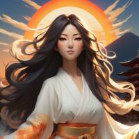 Japanese goddess Amaterasu standing in a Japanese landscape