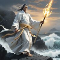 Image of the Japanese Creator God Izanagi standing on the shores of Japan