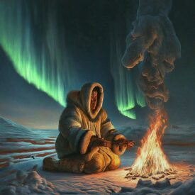 Inuit_ An Arctic native sitting under the Northern lights representing Inuit Mythology