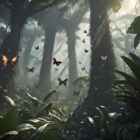 Dense forest with spiritual influences representing Mbuti and Twa mythology