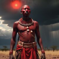 Enkai-na-Nyokie, the Maasai god of rain and thunder standing on the African landscape