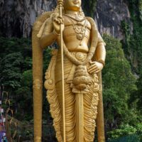 Mythlok - Karthikeya statue Lord Murugan Statue representing Kartikeya, is the tallest statue of a Hindu deity in Malaysia. It is 42.7 metres (140 ft) in height.It is located at the foot of Batu Caves. It took 3 years of construction and unveiled in January 2006 during Thaipusam festival.