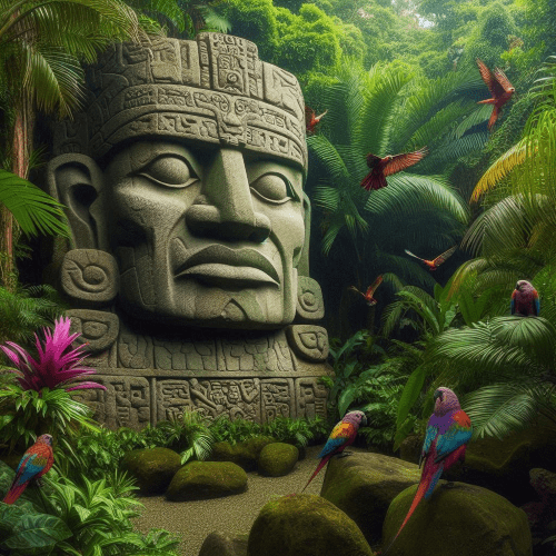 Olmec Mythology A rock sculpture in the forest representing Olmec mythology