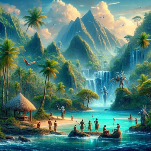 Island imagery representing Polynesian Mythology