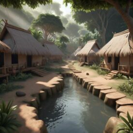 Zande_ Village cultural scene representing Zande and Ngbandi Mythology