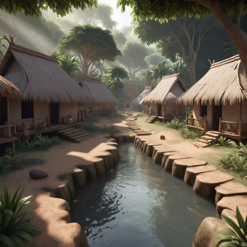 Zande & Ngbandi Mythology Village cultural scene representing Zande and Ngbandi Mythology