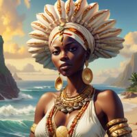 Aje the Yoruba Goddess of wealth standing along the shoreline