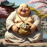 The famous laughing buddha of China, Budai sitting with a bag of coins