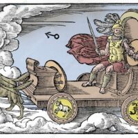 Mars, Roman god of war, 1569. Mars (Greek Ares) riding in his chariot pulled by dogs (the dogs of war). Mars was regarded as a male planet, hot and fiery. Those born under Mars have a choleric temperament. The planet's metal is iron, its season Summer, its day Tuesday and its night Saturday. It has two houses, Aries and Scorpio, whose emblems are on the wheels of the chariot. From Phaenomena et Prognostica by Aratus. (Cologne, 1569). (Coloured black and white print).