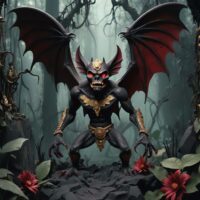 The Mayan Bat god Camazotz depicted standing in a forest