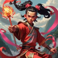 Nezha, The Chinese Child God of Courage and Mischief with his weapon