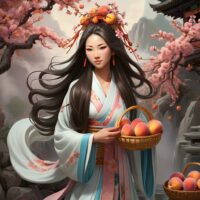 Chinese Goddess of Youth, Magu standing in a peach orchard
