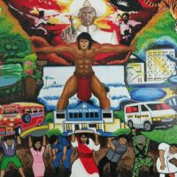 Mural artwork of Bernardo Carpio pushing apart mountains.