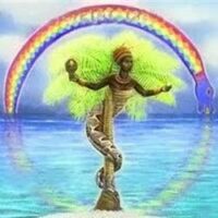 "Artwork of Ayida Weddo, the Rainbow Serpent, with a modern interpretation emphasizing color and movement."