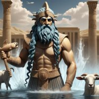 "Illustration of Enki, surrounded by flowing water and ancient symbols representing wisdom."