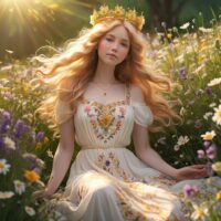 "Illustration of Eostre holding symbols of renewal and fertility in a sunlit meadow."
