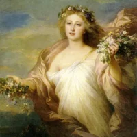 "Painting of Eostre, capturing the essence of spring with bright colors and flowing robes."