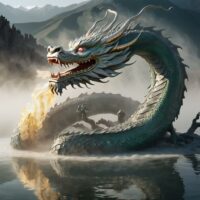 "Mythical Water Dragon Luu, emerging from swirling waves with a majestic pose."