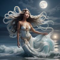 "Goddess of Tides, Luyong Baybay, standing on the shoreline as waves swirl around her gracefully."