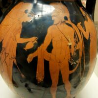 Ancient Greek pottery showing Lycaon, the werewolf, in a mythological scene.