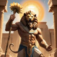 "Artistic depiction of Maahes, God of War, wielding weapons and roaring fiercely."