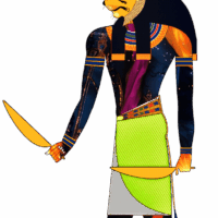 "Modern hieroglyphic artwork representing Maahes, blending traditional and contemporary design."