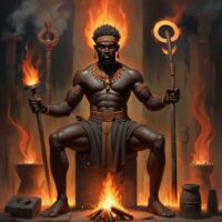 "Illustration of Ndomadyiri, surrounded by symbols of health and restoration, offering protection and wellness."