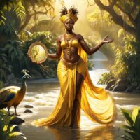 Mythical image of Oshun, goddess associated with love, fertility, and prosperity.
