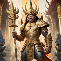 "Illustration of Thao Wessuwan, surrounded by symbols of prosperity and protection."