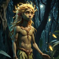 Mythical image of Aghoy, guardian spirit of trees surrounded by forest aura.