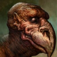 Modern illustration of Alan with a beak and haunting eyes.