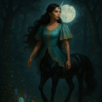 Elegant Anggitay standing under moonlight with flowing hair.