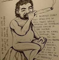 Shapeshifting giant Ani Ani towering over mountains.